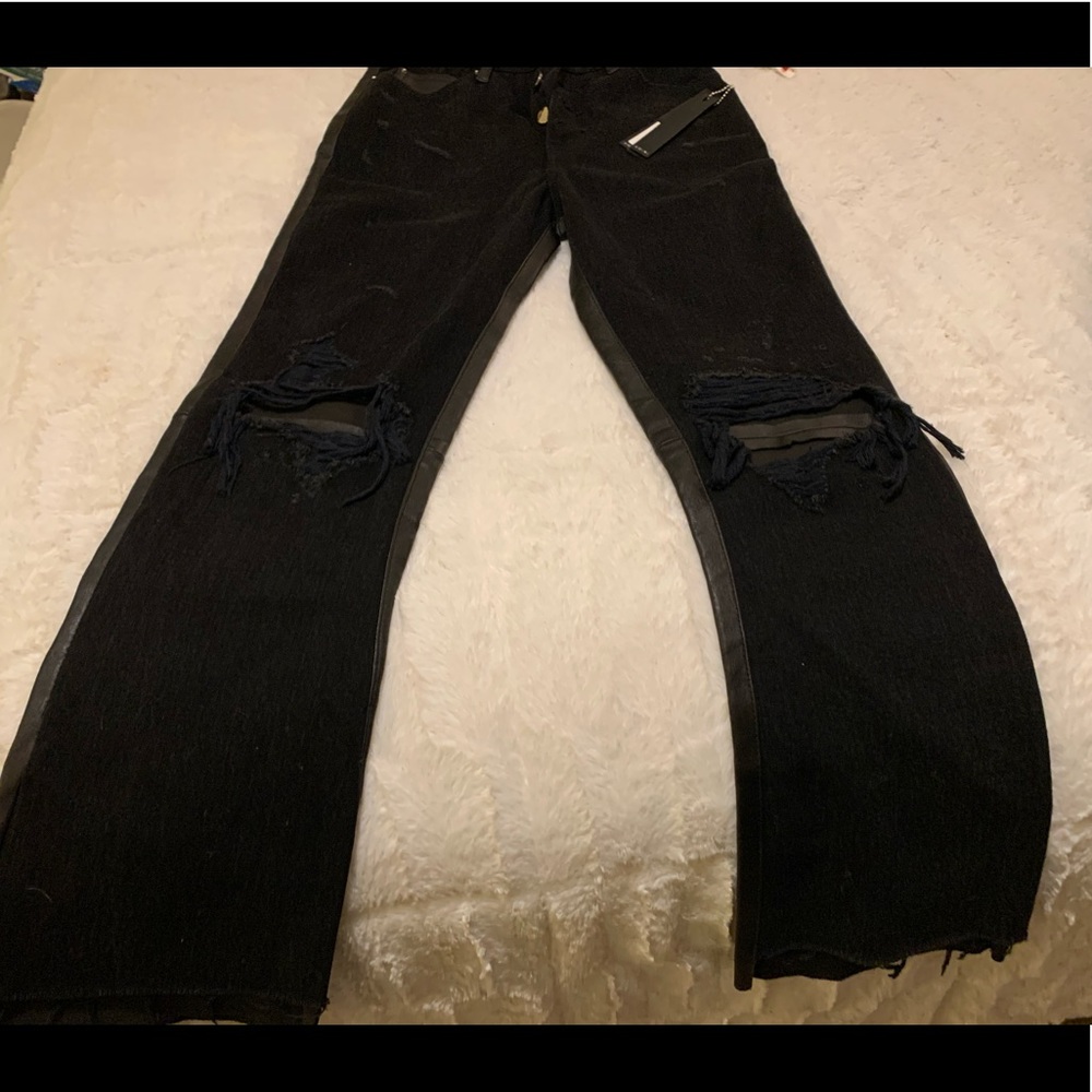 Amiri leather black jeans w distressed detailing